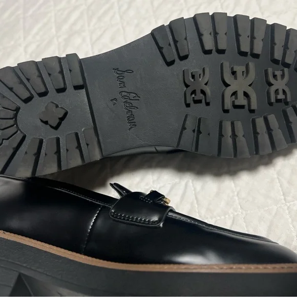 Sam Edelman Black Patent Laurs Lug Sole Loafers Gold Bit Buckle Platform - Picture 7 of 8